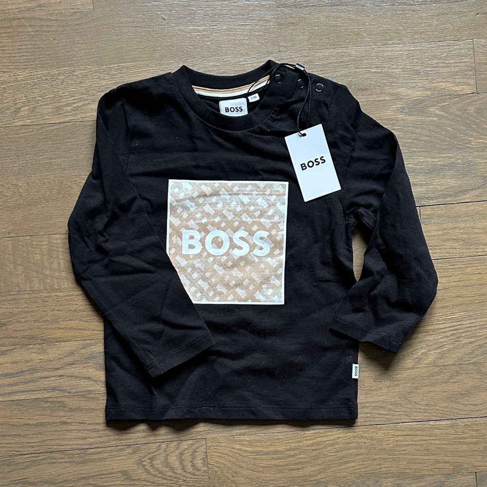 Boss Kids Black Tee with Patterned Logo